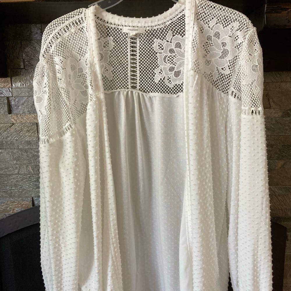 Maurices White Lace Yoke Open Front Cardigan.